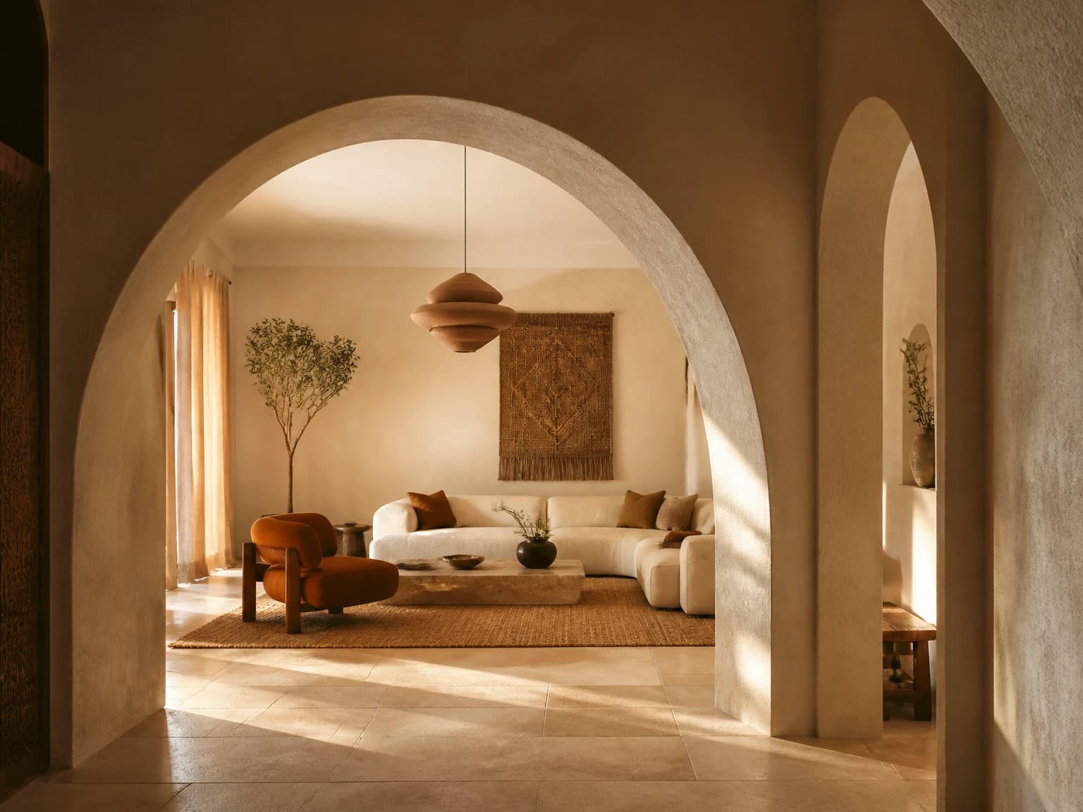 Arched Plaster Living Room, bohemian living room inspiration