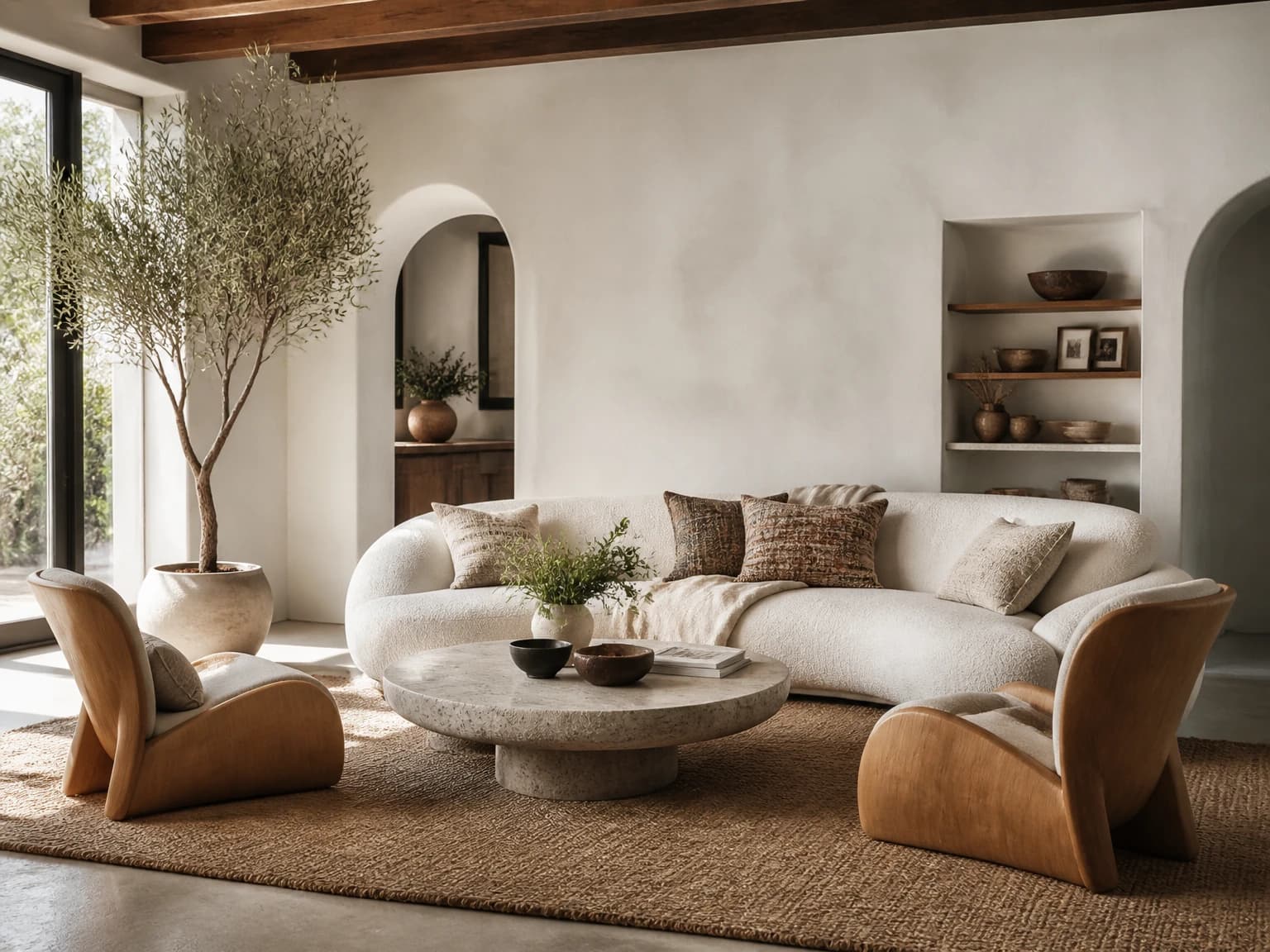 Curved Neutral Gathering Room, bohemian living room inspiration