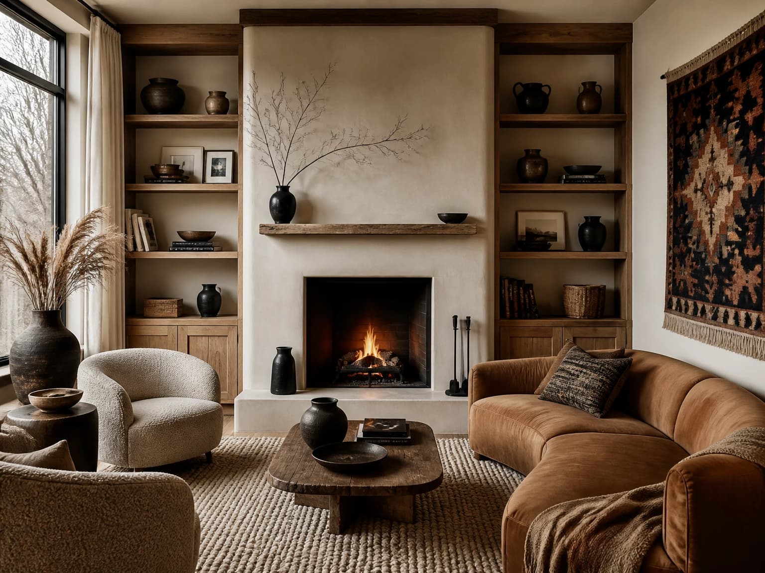 Fireplace and Fiber Living Room, bohemian living room inspiration
