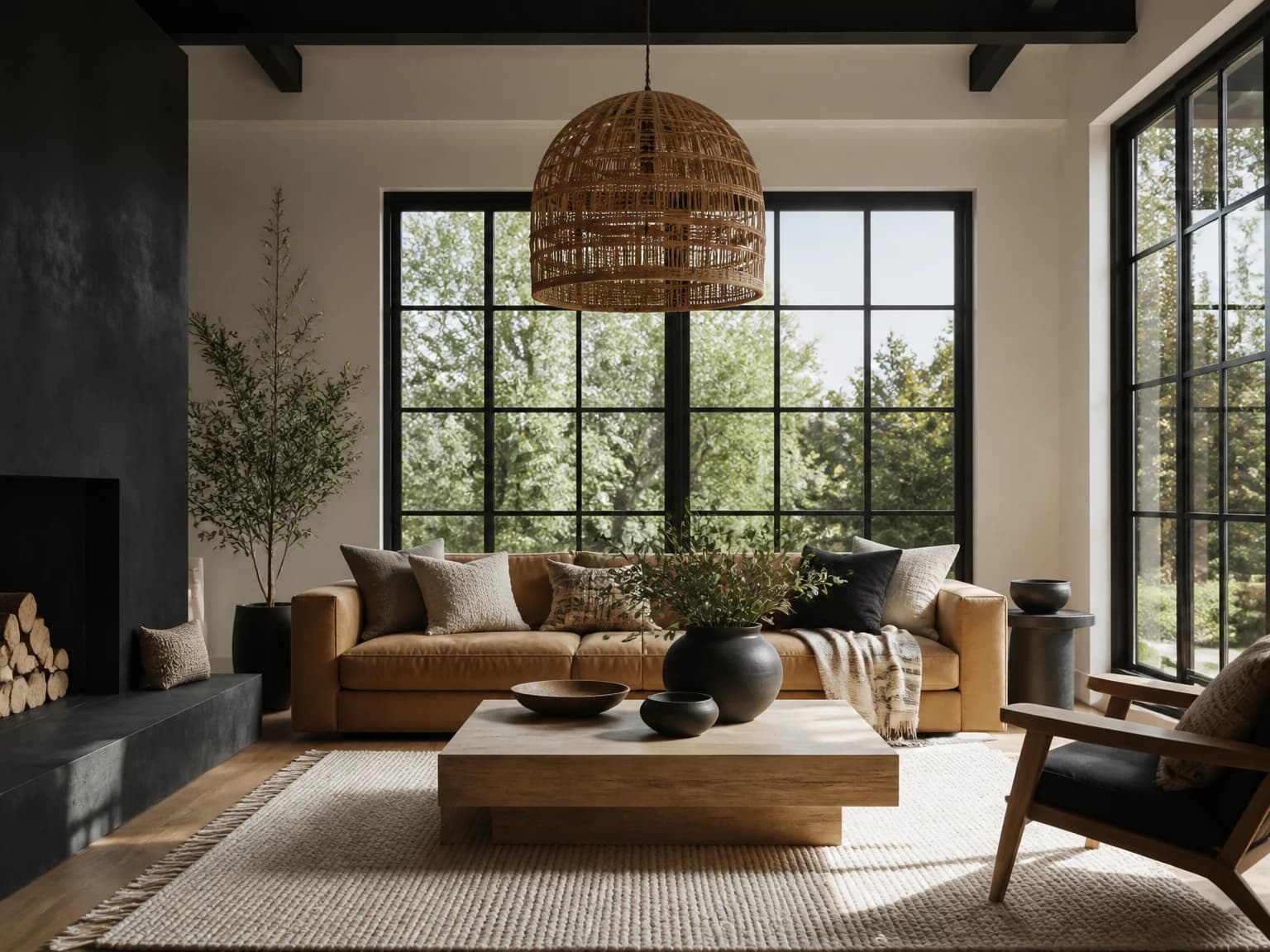 Graphic Black and Natural Lounge, bohemian living room inspiration