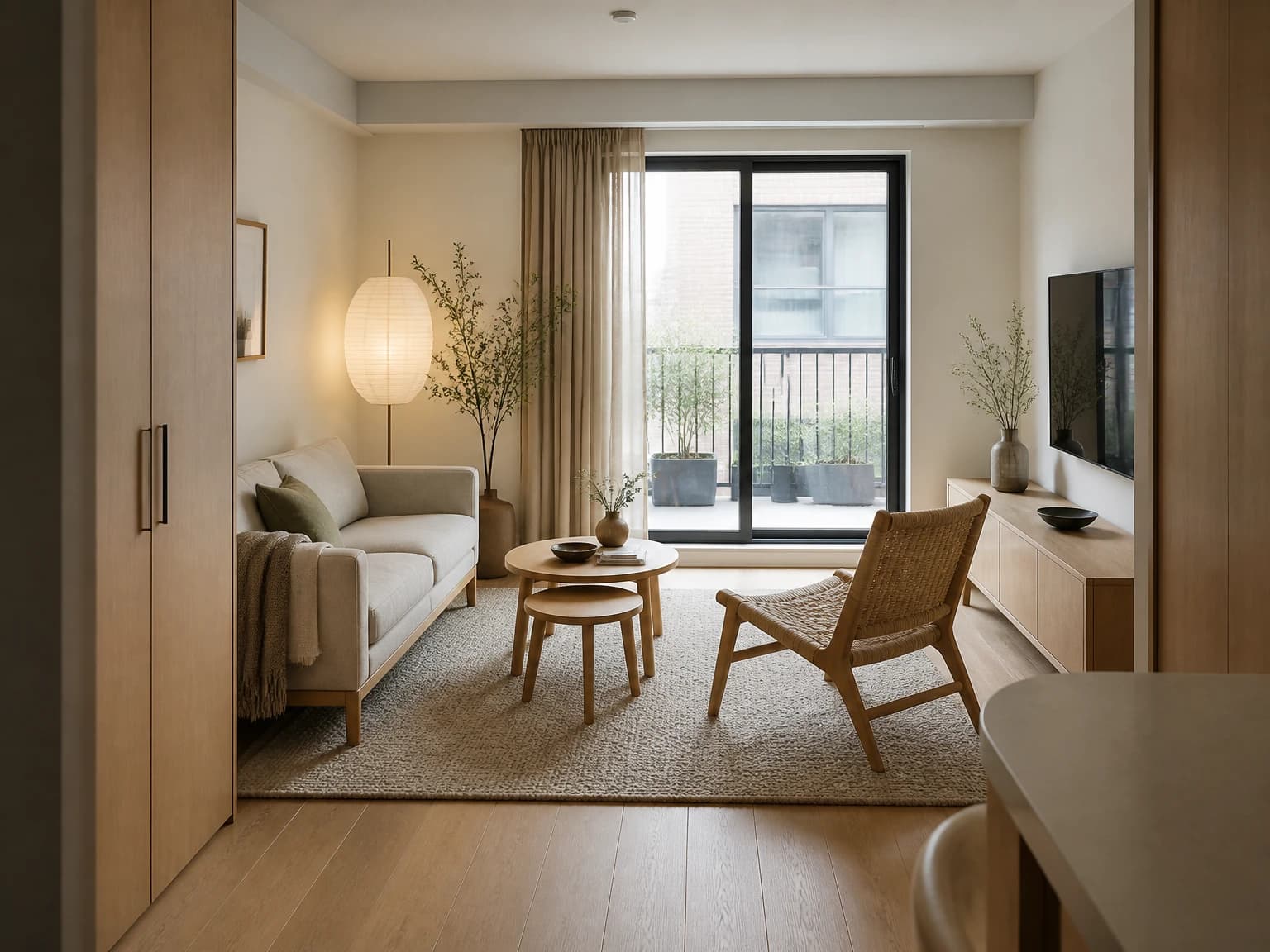 Compact Japandi Apartment, japandi living room inspiration