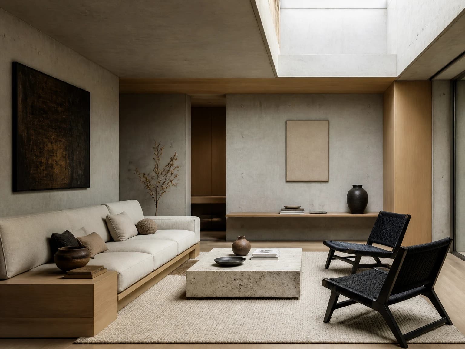 Concrete and Hinoki Room, japandi living room inspiration