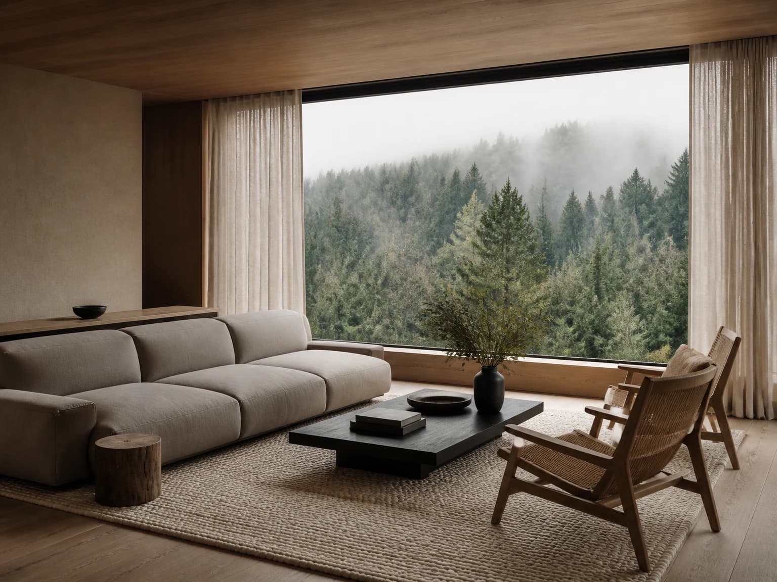 Forest Window Japandi Room, japandi living room inspiration