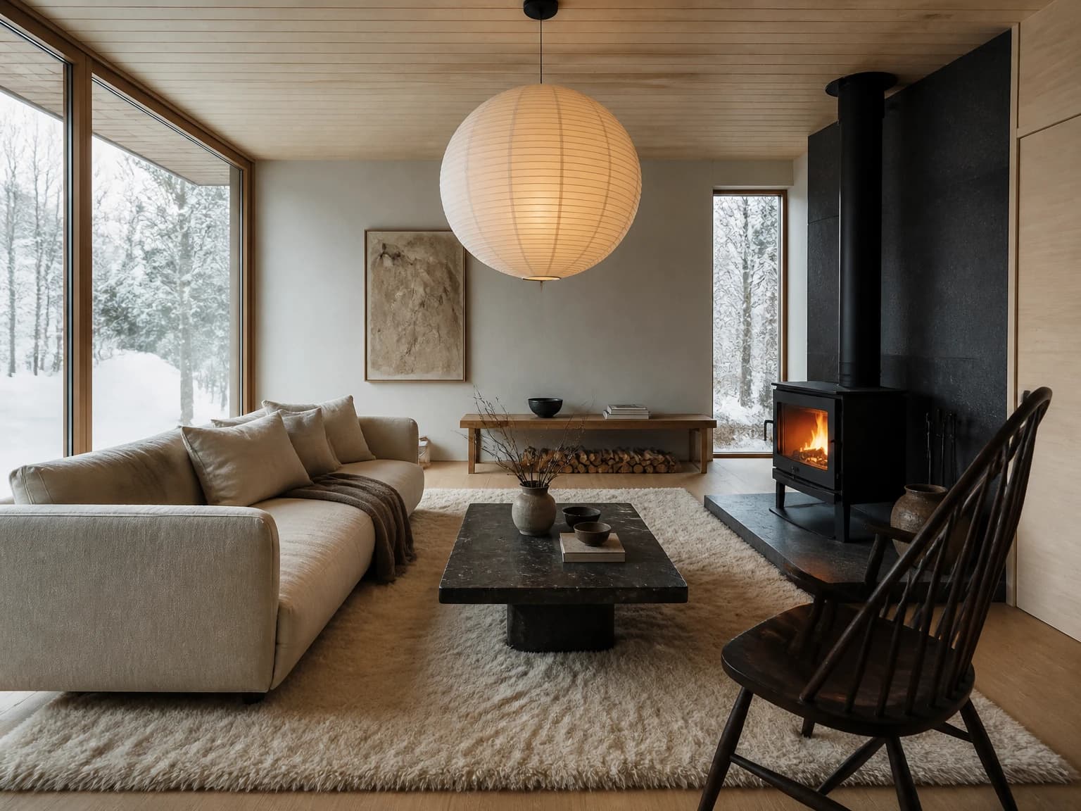 Winter Japandi Fireside, japandi living room inspiration