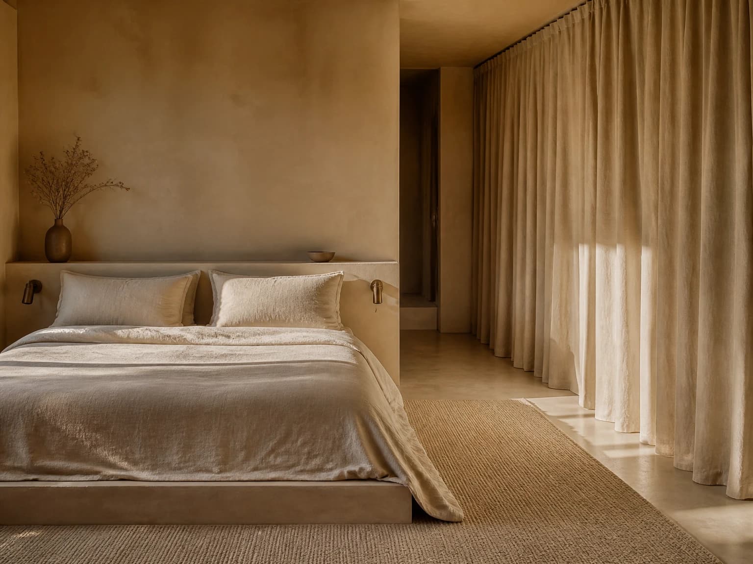 Warm Sand Plaster Bedroom, minimalist bedroom inspiration