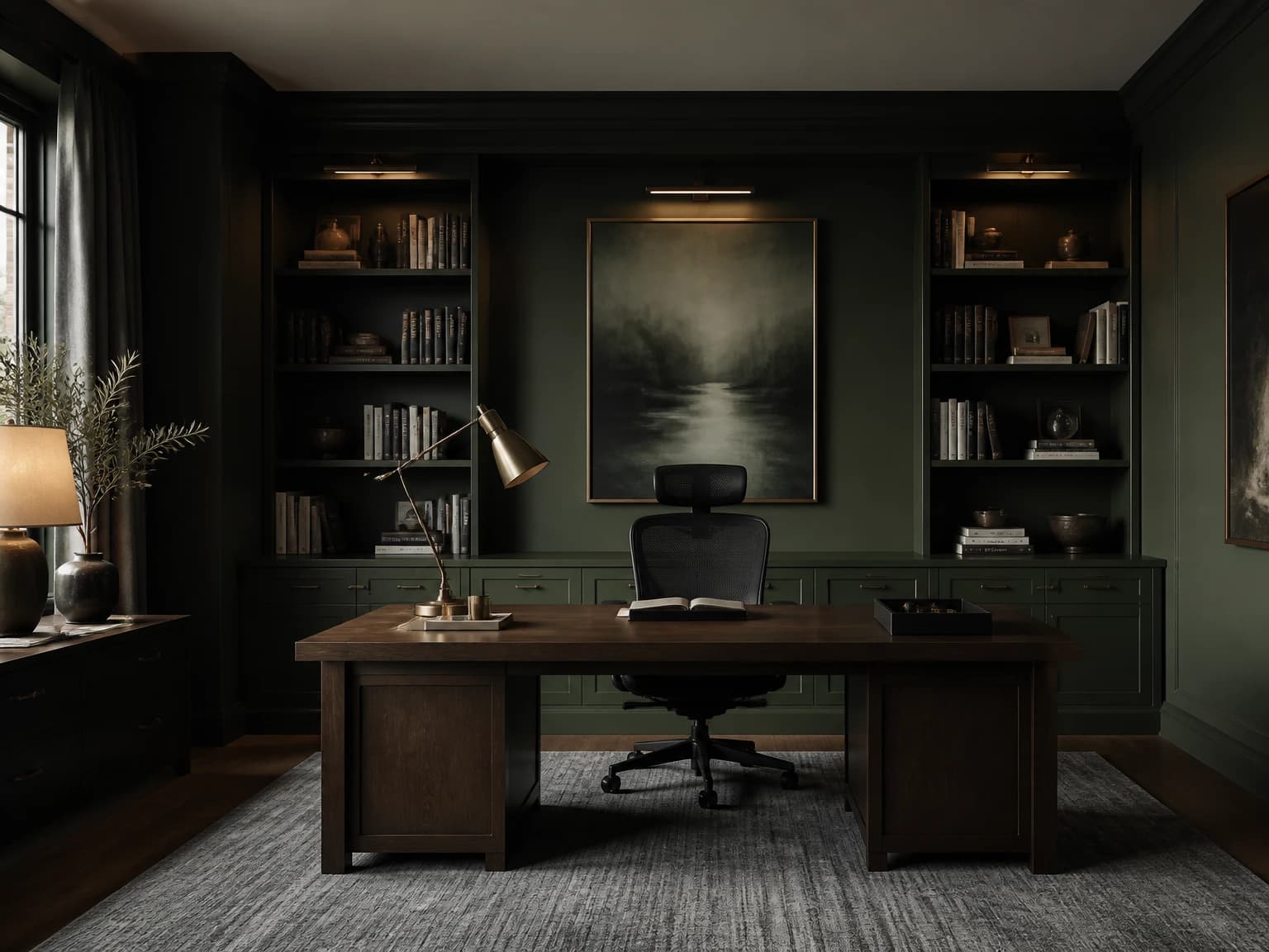 Moody Green Study, modern home office inspiration