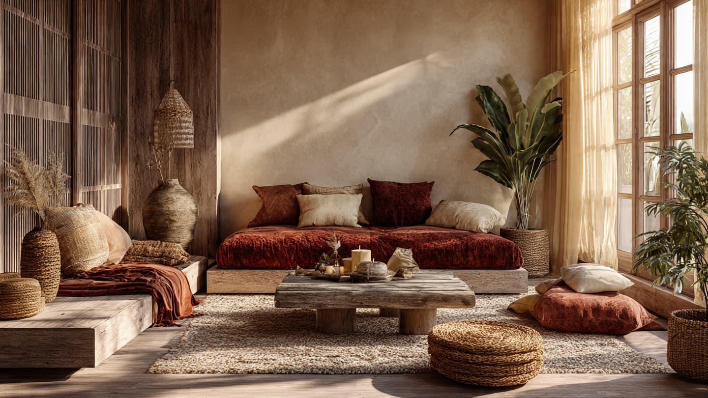 Layered interior with earthy color, pattern, and collected decor