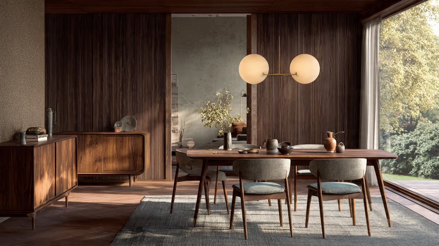 Warm living room with walnut furniture and sculptural forms