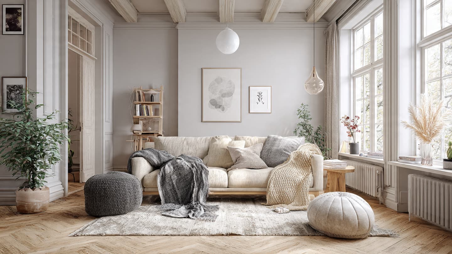 Light-filled room with pale wood, soft neutrals, and natural textures
