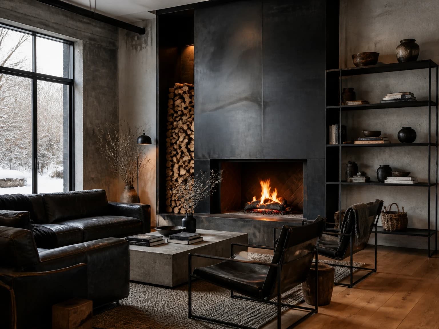 Black Steel Fireplace Room, industrial living room inspiration
