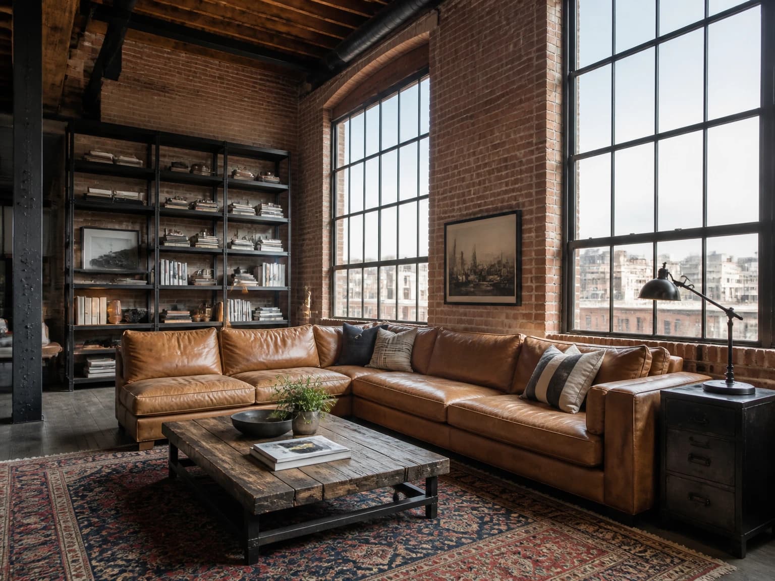 Brick Loft Gathering Room, industrial living room inspiration