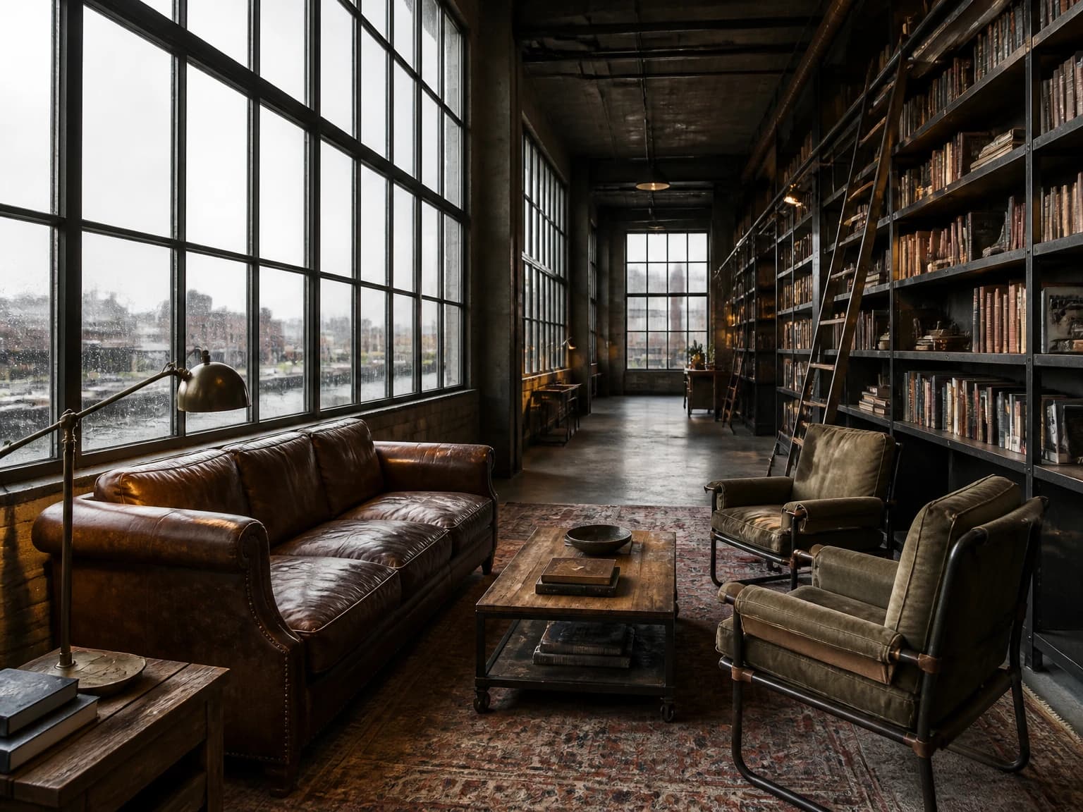 Factory Window Reading Lounge, industrial living room inspiration
