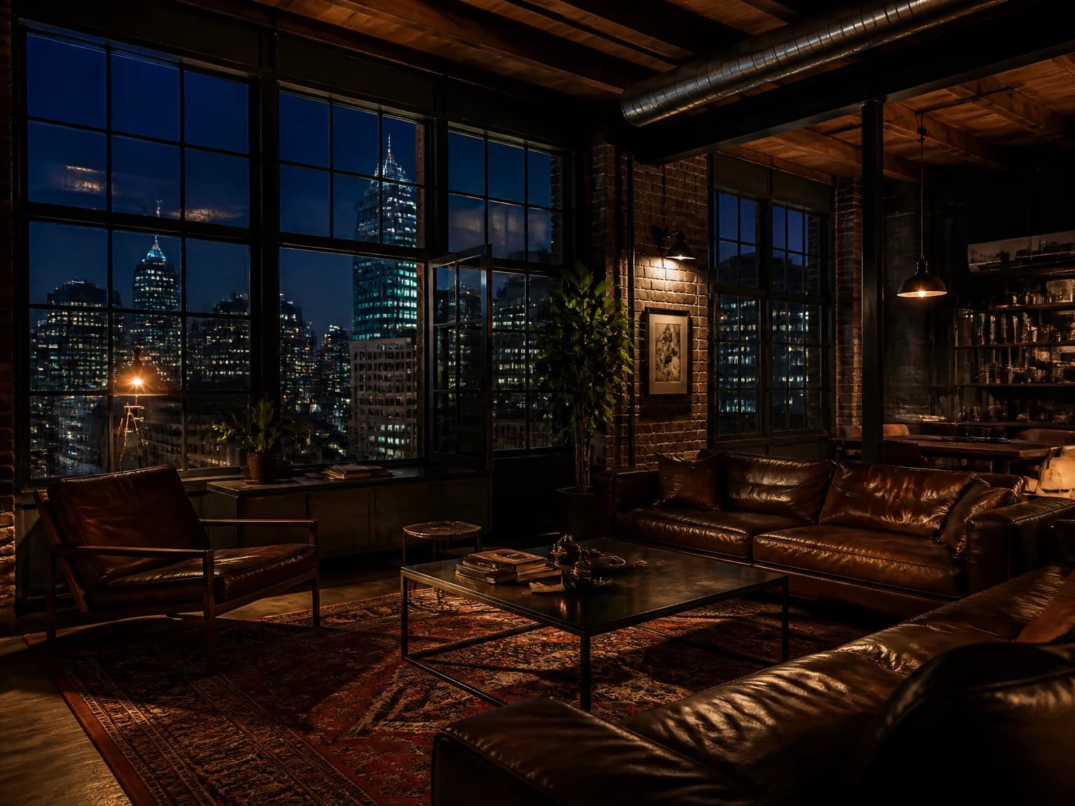 Nighttime City Loft, industrial living room inspiration