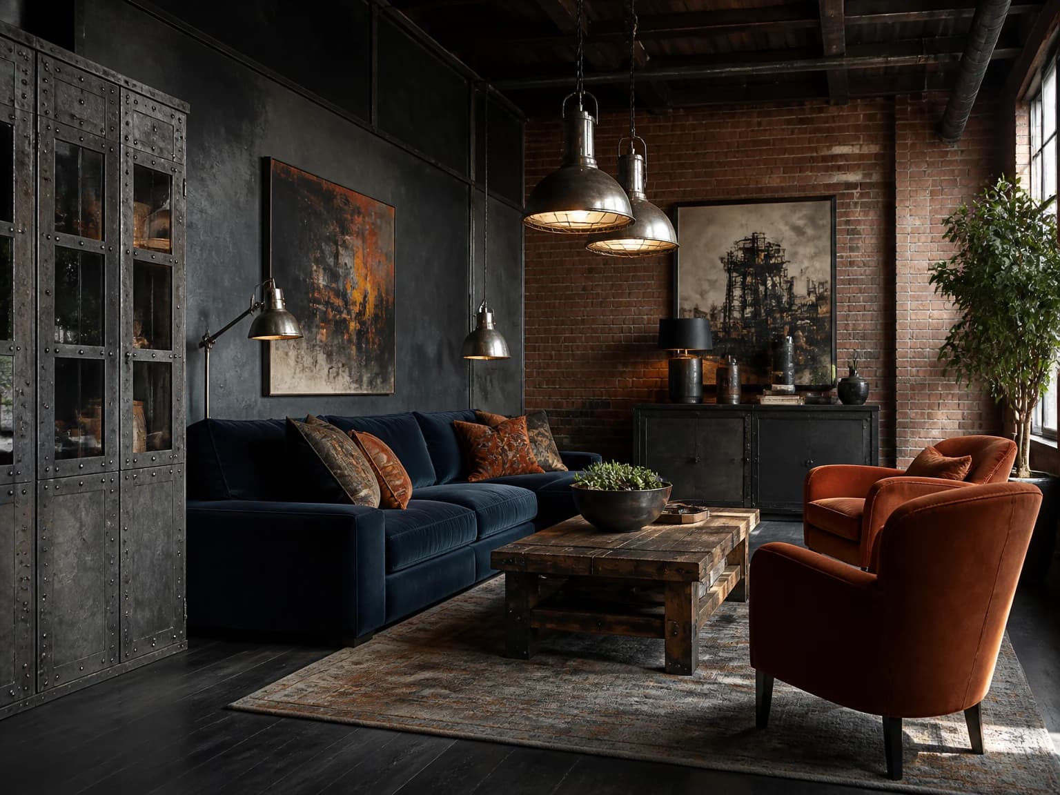 Rust and Navy Workshop Room, industrial living room inspiration