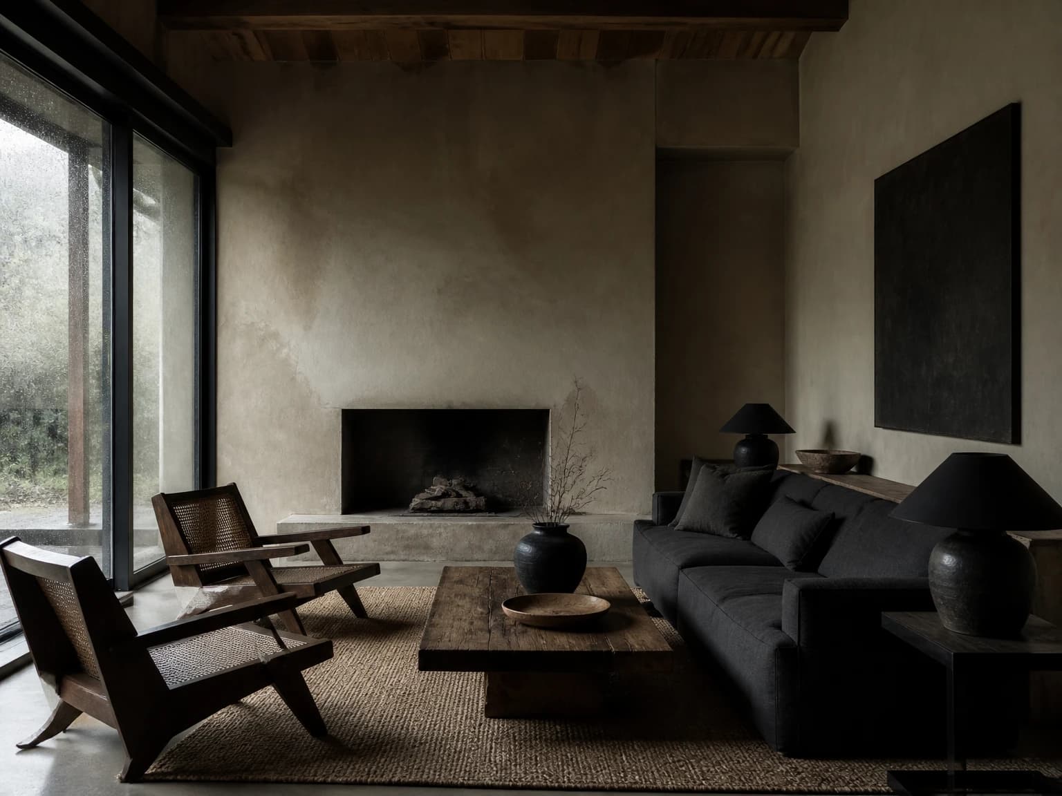 Dark Wood Wabi-Sabi Lounge, japandi living room inspiration