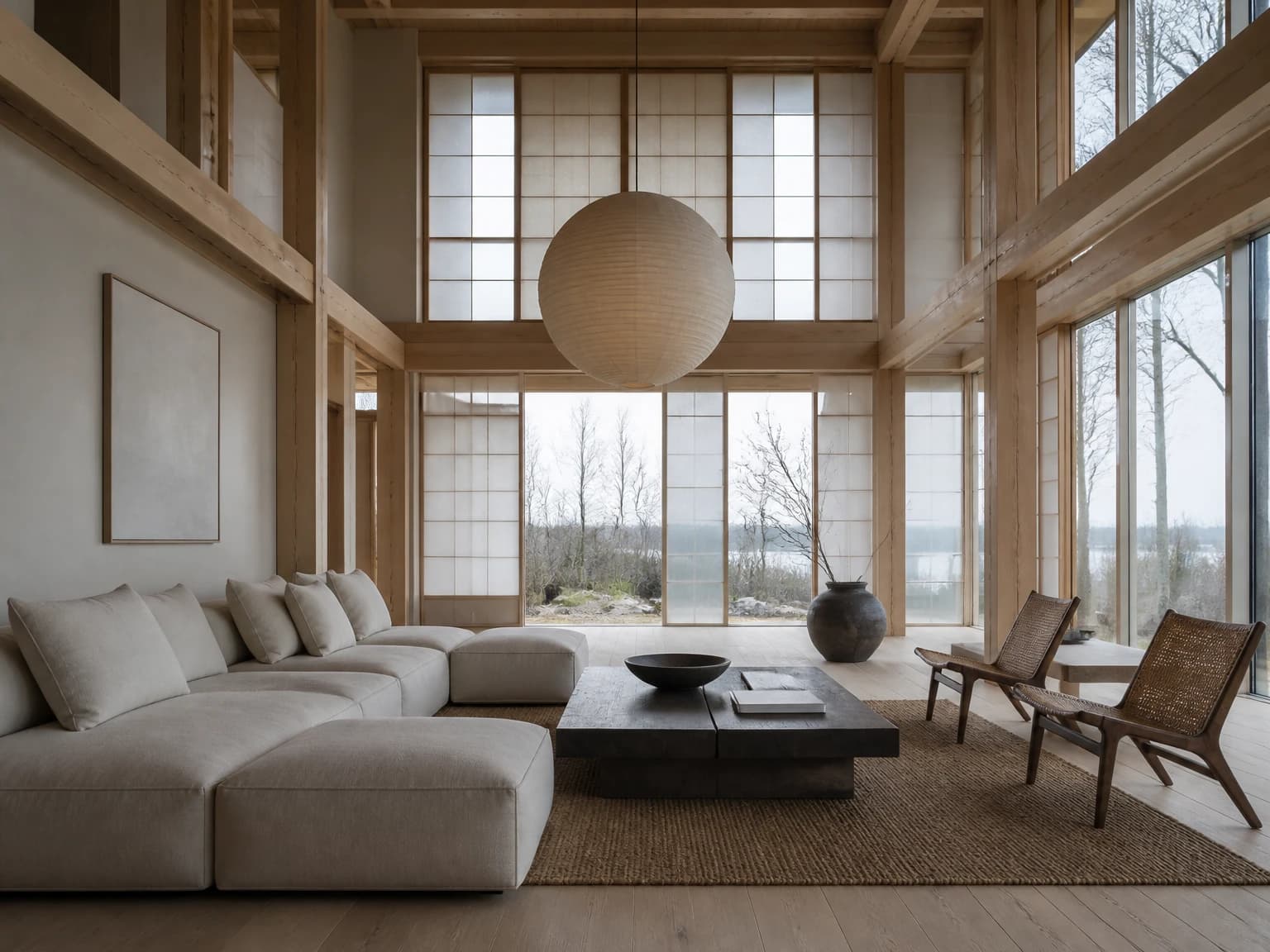 Double-Height Timber Salon, japandi living room inspiration