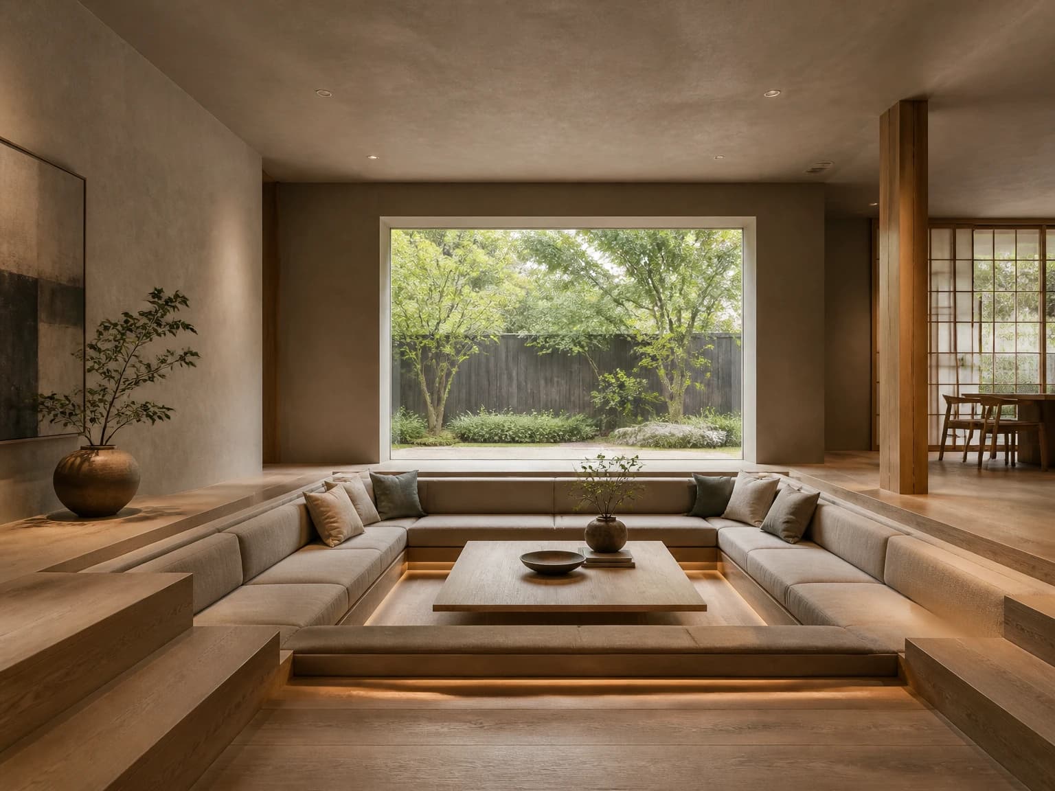 Sunken Japandi Conversation Pit, japandi living room inspiration