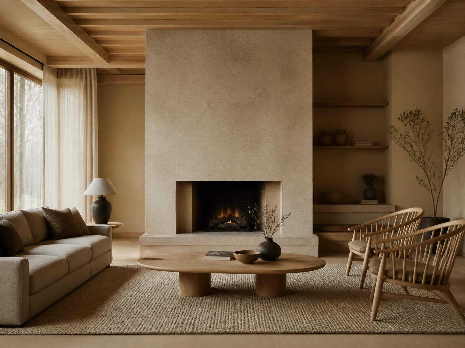 Warm Stone Fireplace Room, japandi living room inspiration