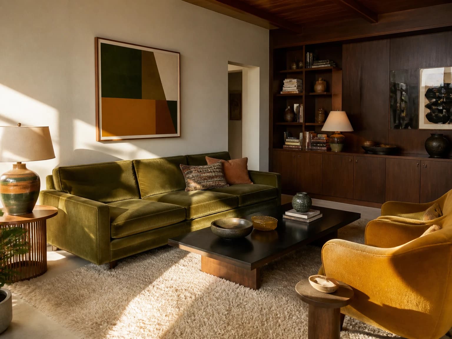 Olive and Ochre Living Room, mid-century modern living room inspiration