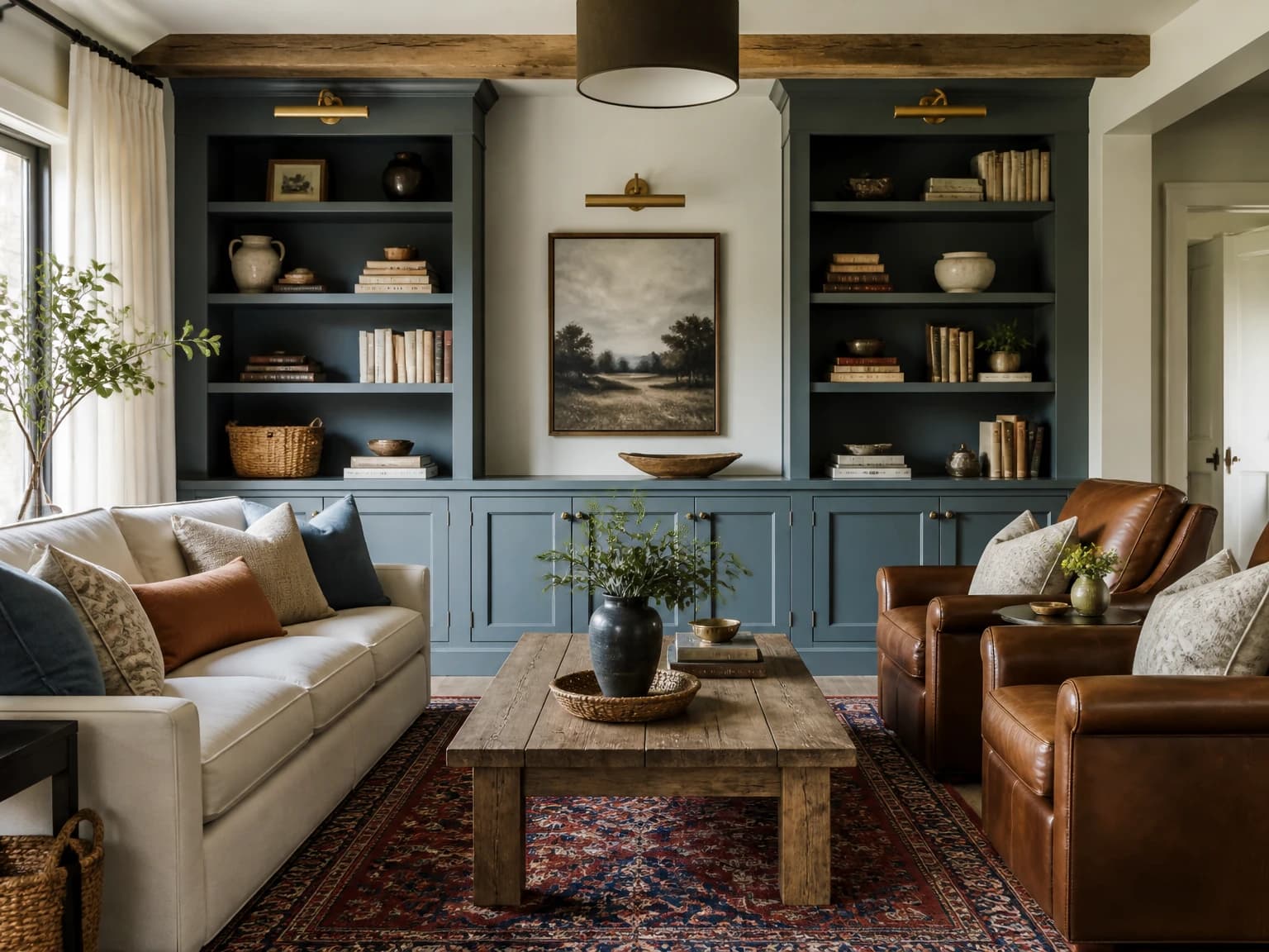 Blue Built-In Farmhouse, modern farmhouse living room inspiration