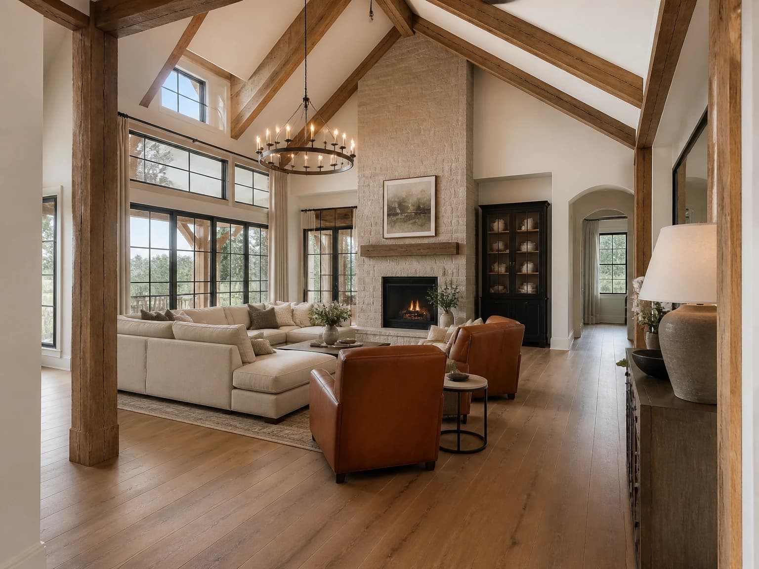 Vaulted Beam Great Room, modern farmhouse living room inspiration